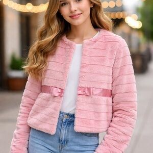 Biscotti Girls Pink Faux Fur Jacket Size 12 Satin Bow Waist Dressy Coat